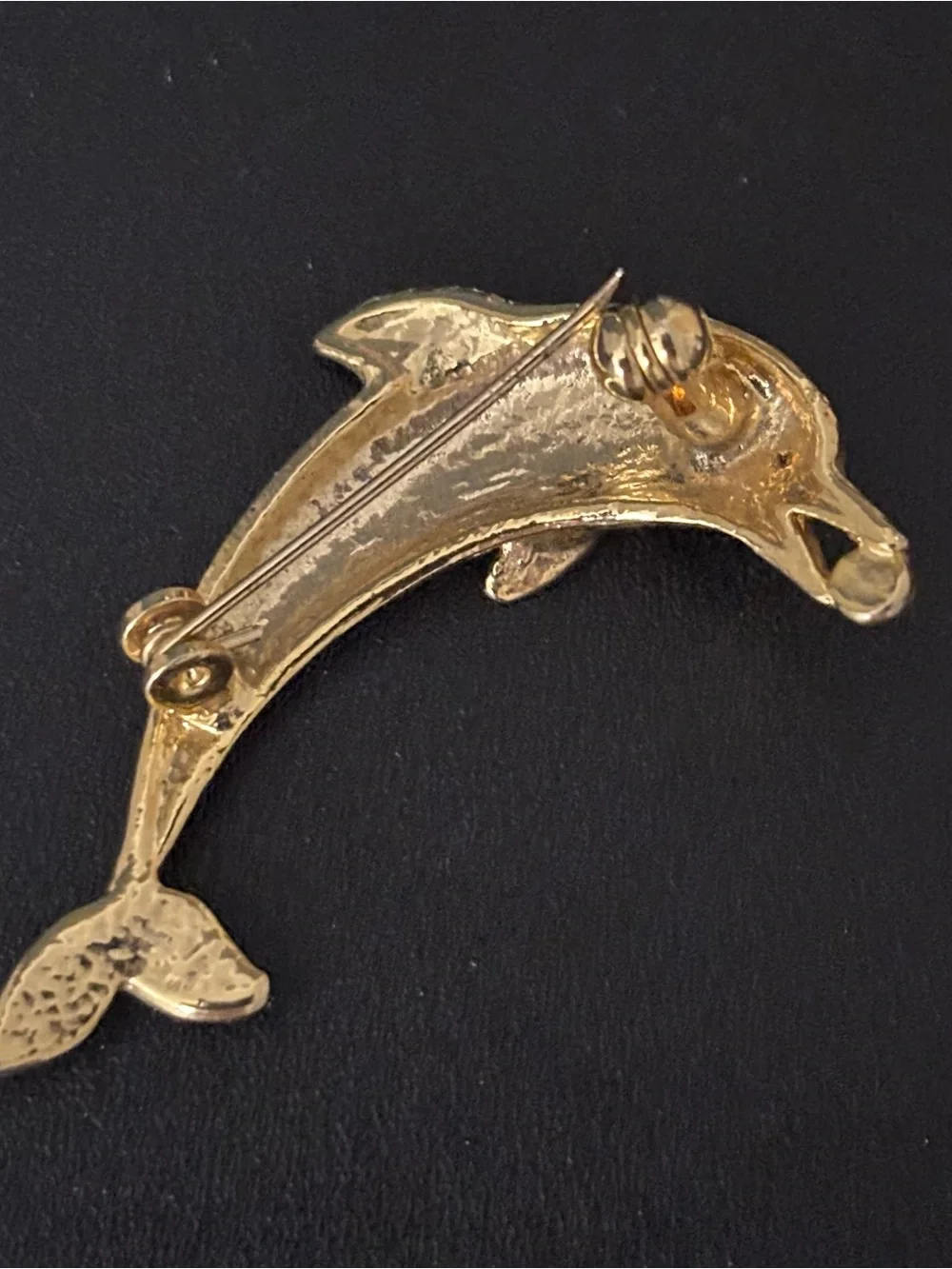 Gold Tone Dolphin Brooch Pin Clear Rhinestone Accents Unsigned